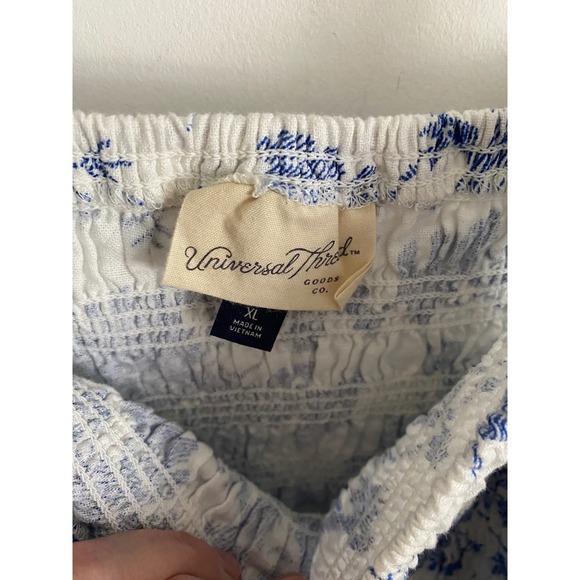 Blue White Floral Toile Smocked Linen Blend Mini Dress XL Pockets - Picture 3 of 6